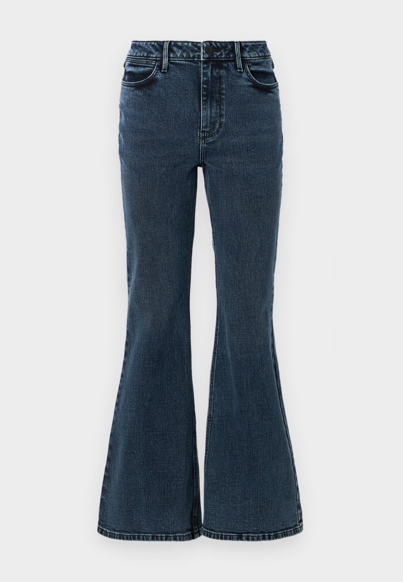 Dunkelblaue, ausgestellte Jeans mit hoher Taille, die zwei Fronttaschen, sichtbare Nähte und eine weite Beinöffnung am Saum aufweisen.