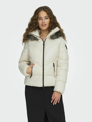 Light beige puffer jacket with a zip closure, featuring a high collar and faux fur trim, textured surface, and diagonal stitching patterns.