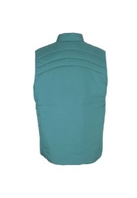 Gilet senza maniche di un verde acqua chiaro con colletto alto e schiena trapuntata con cuciture orizzontali per creare texture, realizzato in tessuto liscio.