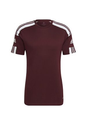 T-shirt de sport Adidas manches courtes marron avec des bandes blanches le long des épaules et des manches et le logo Adidas sur les deux manches.