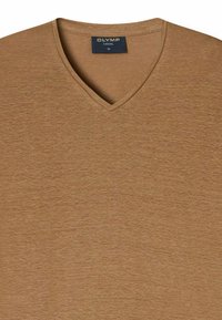 T-shirt a manica corta con scollo a V, in un tessuto marrone chiaro melangiato. L'etichetta riporta "OLYMP CASUAL M." Tessuto morbido, design casual.
