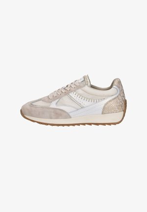 Beige and white low-top sneaker with suede, mesh, and leather panels, beige laces, and a brown gum sole with a slightly ridged tread.