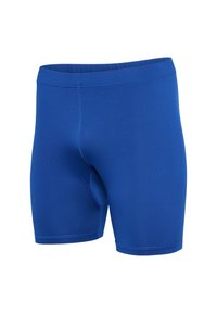 Blå idrottsshorts gjorda av elastiskt material, med en tight passform, förstärkta sömmar och en elastisk midja för komfort.