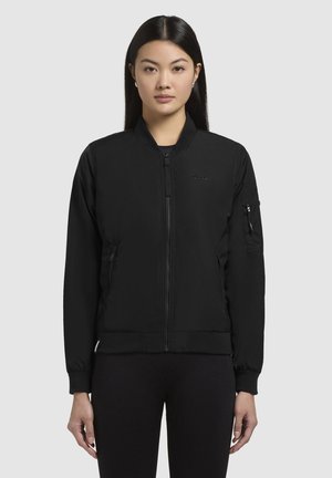 Black bomber jacket featuring a zip front, ribbed cuffs, and a patch pocket on the left sleeve. Smooth texture with a tailored fit.