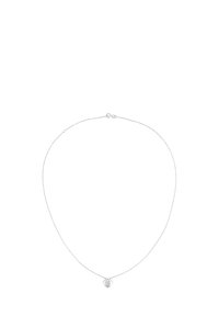Sølv halskæde med en tynd kæde og et diamantformet vedhæng med en rund sten i midten. Elegant og minimalistisk design.