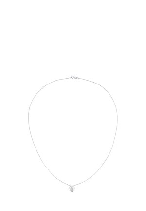Sølv halskæde med en tynd kæde og et diamantformet vedhæng med en rund sten i midten. Elegant og minimalistisk design.