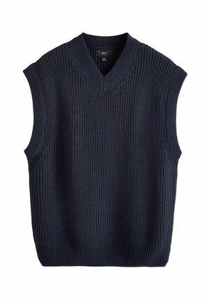 Mørkeblå strikket ærmeløs sweater med V-hals, der har en ribbet tekstur og en tykk, solid nederste kant. Ingen knapper eller yderligere detaljer.