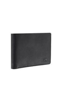 Portafoglio in pelle nera dalla texture liscia, design minimalista e dettaglio di logo in rilievo discreto. Forma diagonale, bordi piegati.