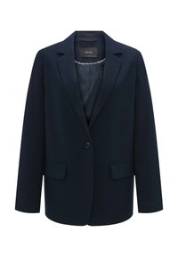 Blazer bleu marine en tissu lisse, avec un col à revers, fermeture à un bouton et deux poches avant. Intérieur doublé.