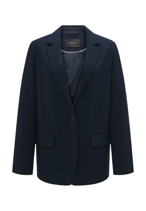 Marineblauwe blazer van gladde stof, met een geknipte kraag, enkele knoopsluiting en twee voorzakken. Gecoate binnenkant.