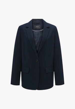 Marineblauwe blazer van gladde stof, met een geknipte kraag, enkele knoopsluiting en twee voorzakken. Gecoate binnenkant.