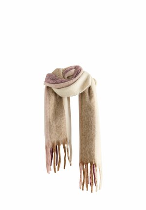 Schal aus Wolle mit einem Farbverlauf in creme, beige und hellrosa. Dünne Fransenränder verleihen Textur.