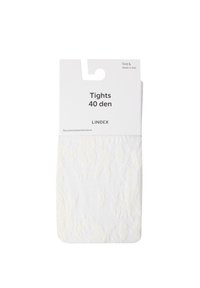 White 40 denier tights, made from a recycled polyamide blend, featuring a textured pattern when viewed closely. Packaged for retail display.