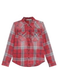 Červená kostkovaná košile s dlouhým rukávem, se zapínáním na knoflíky, dvěma náprsními kapsami, modrými knoflíkovými akcenty a odpovídajícími detaily na manžetách.