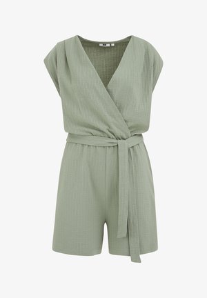 Gaišzaļš apvalks, koši no teksturēta auduma. Iezīmē īsas piedurknes, v-veida dekoltē un saskaņotu jostas saišu.