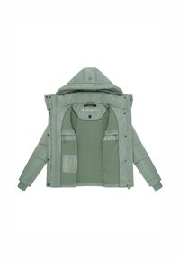Mint green puffer jacket with a detachable hood, zipper and snap closures, multiple interior pockets, and a soft textured lining.