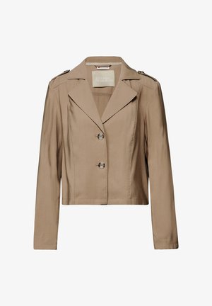 Kurz geschnittene beige Jacke aus glattem Stoff, mit Reverskragen, Zweiknopfverschluss und Schulterklappen für zusätzliche Details.