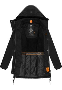 Zwarte jas met een gestructureerde, fleece-voering, een ritssluiting aan de voorkant en een verstelbare capuchon, met oranje accenten en gedetailleerde voering.