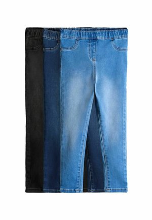 Tre par stræk-jeans: ét par sort, ét par mørkeblå og ét par lyseblå. Hver har en blød tekstur og elastisk livrem.