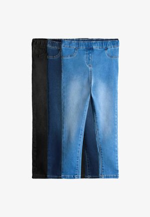 Tri para raztegnjenih jeans hlač: ena črna, ena temno modra in ena svetlo modra. Vsake imajo mehak teksturo in elastičen pas.