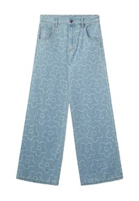 Jeans de pernera ancha color azul claro, hechos de mezclilla, con un patrón floral en todo el tejido en contorno blanco y acentos de costura en naranja.