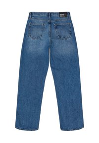 Denim jeans with a straight leg design, blue color, visible stitching, two back pockets, and a label at the waistband.