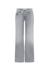 Jeans flared in denim grigio con vita alta, tasche anteriori e una finitura sbiadita. Presentano cuciture e una chiusura con bottone in vita.