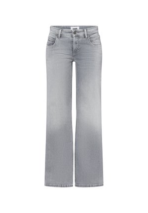 Grijze denim flared jeans met een hoge taille, voorzakken en een vervaagd uiterlijk. Voorzien van stiksels en een knoopsluiting bij de tailleband.