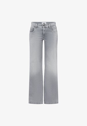 Graue Jeans im Schlagstil mit hoher Taille, aufgesetzten Taschen und einem verwaschene Finish. Mit Nähten und einem Knopfverschluss am Bund.