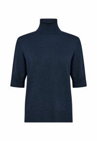 Pull col roulé à manches courtes bleu marine en maille lisse, avec une silhouette ajustée et des poignets et un ourlet côtelés.