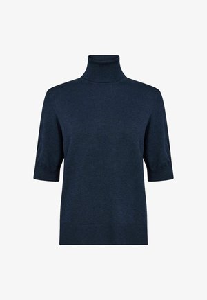 Suéter de color azul marino de manga corta y cuello alto, hecho de un tejido de punto liso, con una silueta ajustada y puños y dobladillo acanalados.