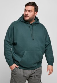 Sudadera de algodón verde con capucha ajustable, bolsillo tipo canguro y puños acanalados. Ajuste casual con una textura suave y sin patrones visibles.