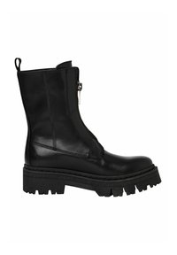 Botte mi-mollet en cuir noir avec semelle épaisse crantée, fermeture éclair frontale, finition lisse et languette de tirage à l'arrière.