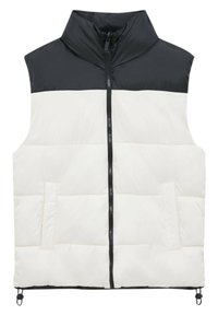 Kamizelka z wypełnieniem, z czarnym, wysokim kołnierzem i kremową dolną częścią, z centralnym zamkiem błyskawicznym i dwiema bocznymi kieszeniami. Gładka faktura z kontrastującymi kolorami.