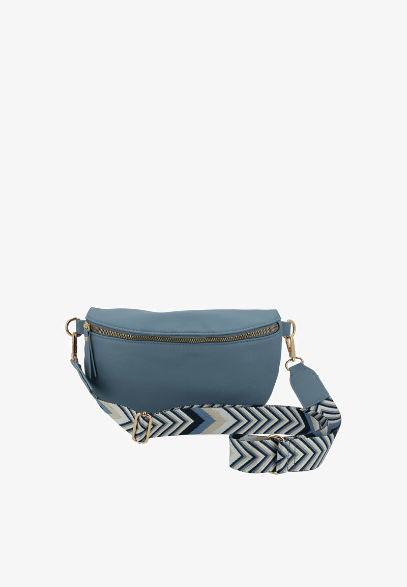 Borsa a tracolla in pelle blu con cerniera dorata e tracolla larga regolabile in tessuto con motivo a zigzag blu, beige e nero.