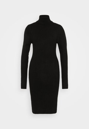 Mustmustärgne turtleneck kleit, millel on pikad varrukad, kiretav disain, põlvepikkus, tekstuuriga kangas ja õmblusteta konstruktsioon.