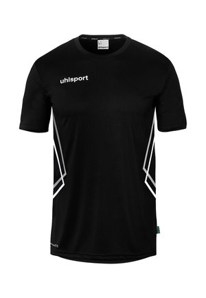Black short-sleeve sports T-shirt with white "uhlsport" logo on chest and angled white geometric stripes on sides.