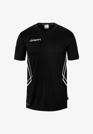 Schwarzes kurzärmliges Sport-T-Shirt mit weißem "uhlsport"-Logo auf der Brust und schrägen weißen geometrischen Streifen an den Seiten.