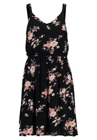 Mustassa kukkakuosisessa mekossa on olkaimettomuus, V-mallinen kaula-aukko ja kokoontuva vyötärönosa. Mekko sisältää vaaleanpunaisia ja violetin kukkakuvioita teksturoidulla kankaalla.