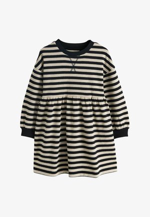 Gestreiftes Kleid in Creme und Marineblau, mit rundem Ausschnitt, langen Ärmeln und einem gerafften Rock. Weicher Stoff mit elastischem Taillenbund.