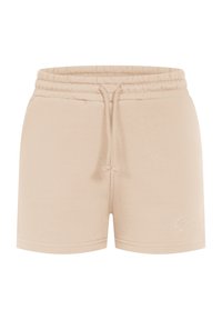 Short beige à taille élastique avec cordon et logo brodé discret sur la jambe gauche, style décontracté et confortable.