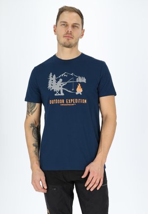 Navy blue cotton t-shirt featuring a gray outdoors-themed graphic with trees, a fisherman, and a campfire. Crew neck, short sleeves.