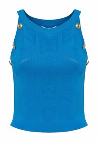 Blauw gebreide mouwloze top met een textuurpatroon, een wijde halslijn en decoratieve gouden knopen op de schouder.