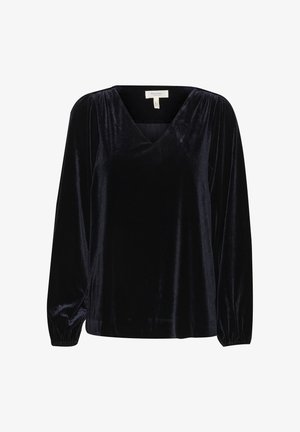 Black velvet top with long sleeves, V-neck, and gathered detailing at shoulders and wrists. Smooth texture with a soft sheen.