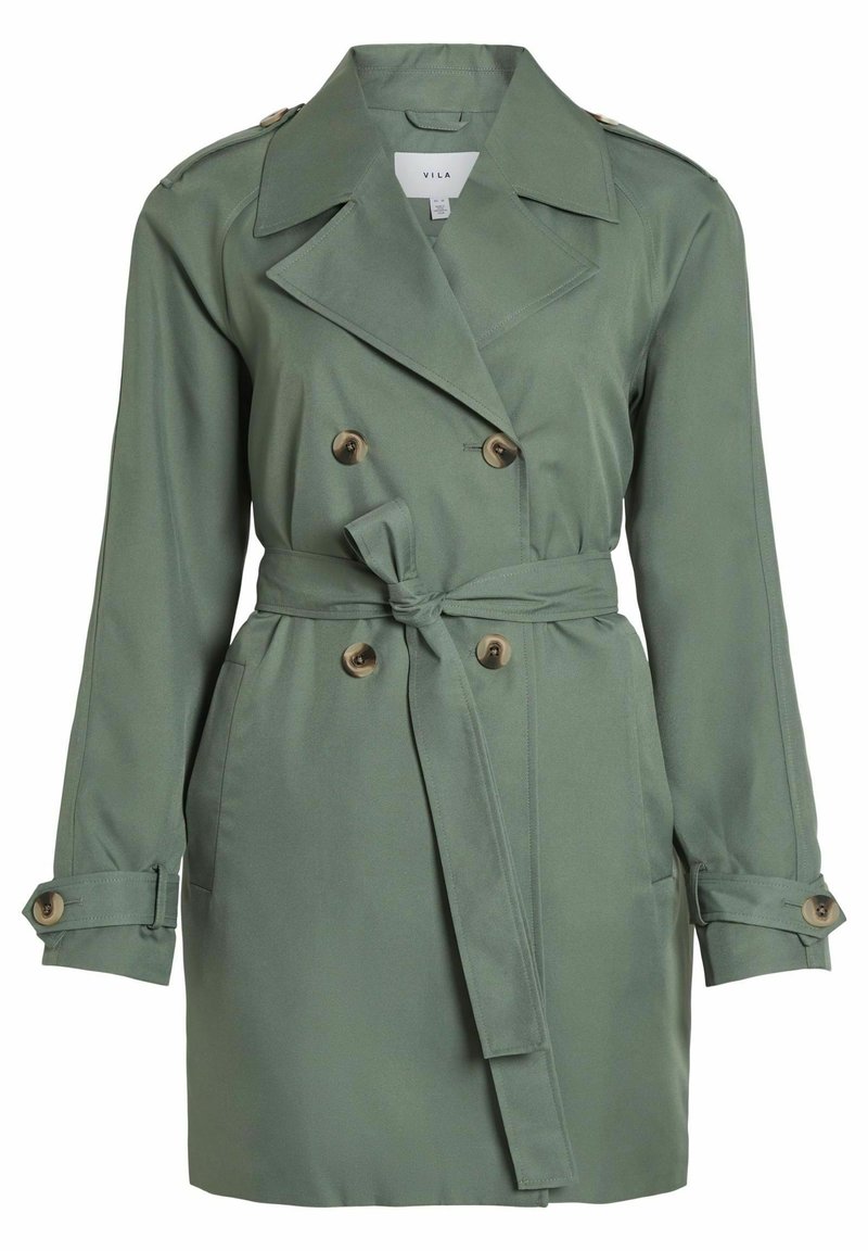 Groene trenchcoat met een dubbelzijdig ontwerp, schouderepauletten en een strik taille. Heeft grote knopen en verstelbare manchetbanden.