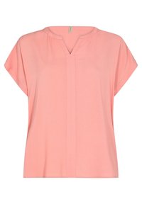 Blusa da donna rosa chiaro realizzata in tessuto morbido, con scollatura a V, maniche corte e una silhouette dritta con una sottile cucitura frontale.