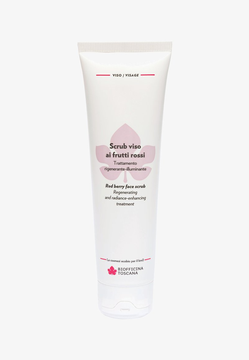 Tubo di plastica bianca con tappo a ribalta. Il fronte presenta testo rosa e una grafica floreale. L'etichetta riporta "Scrub viso alle bacche rosse" in italiano e inglese.