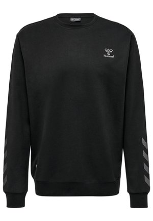 Czarna bluza z okrągłym dekoltem i długimi rękawami, z szarymi logo Hummel na piersi i paskami na rękawach.