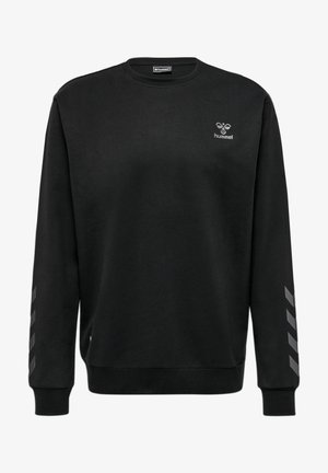 Czarna bluza z okrągłym dekoltem i długimi rękawami, z szarymi logo Hummel na piersi i paskami na rękawach.
