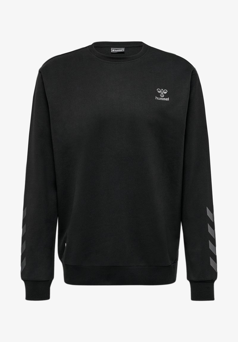 Sweat-shirt noir col rond à manches longues, avec logos Hummel gris sur la poitrine et bandes sur les manches.